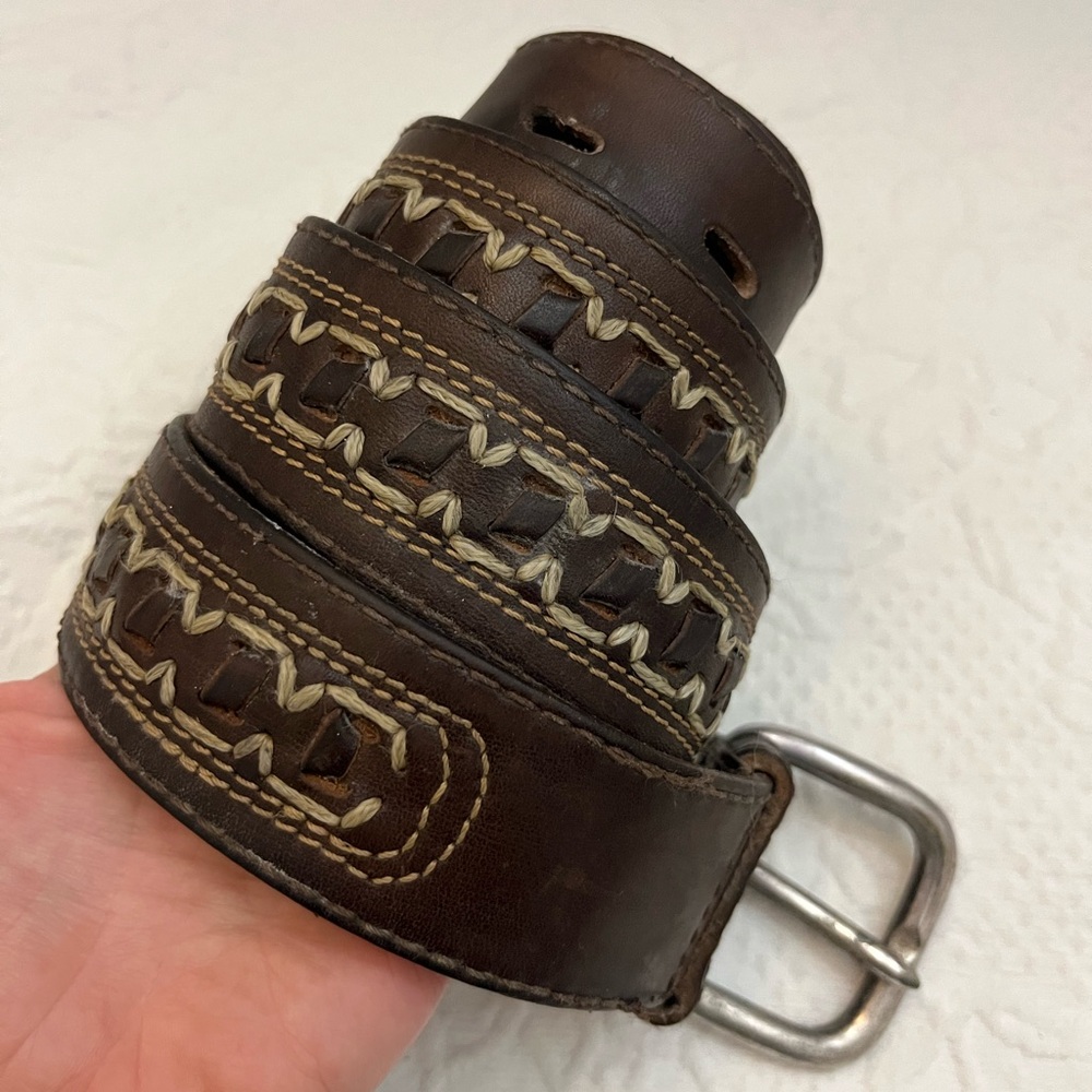 Vintage brown leather belt with woven details silver buckle